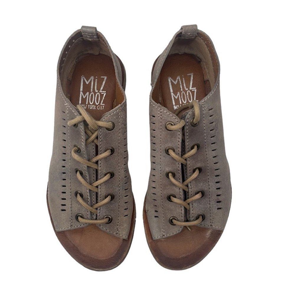 Miz Mooz Taupe Gray Leather Peep-Toe Lace-Up Flats